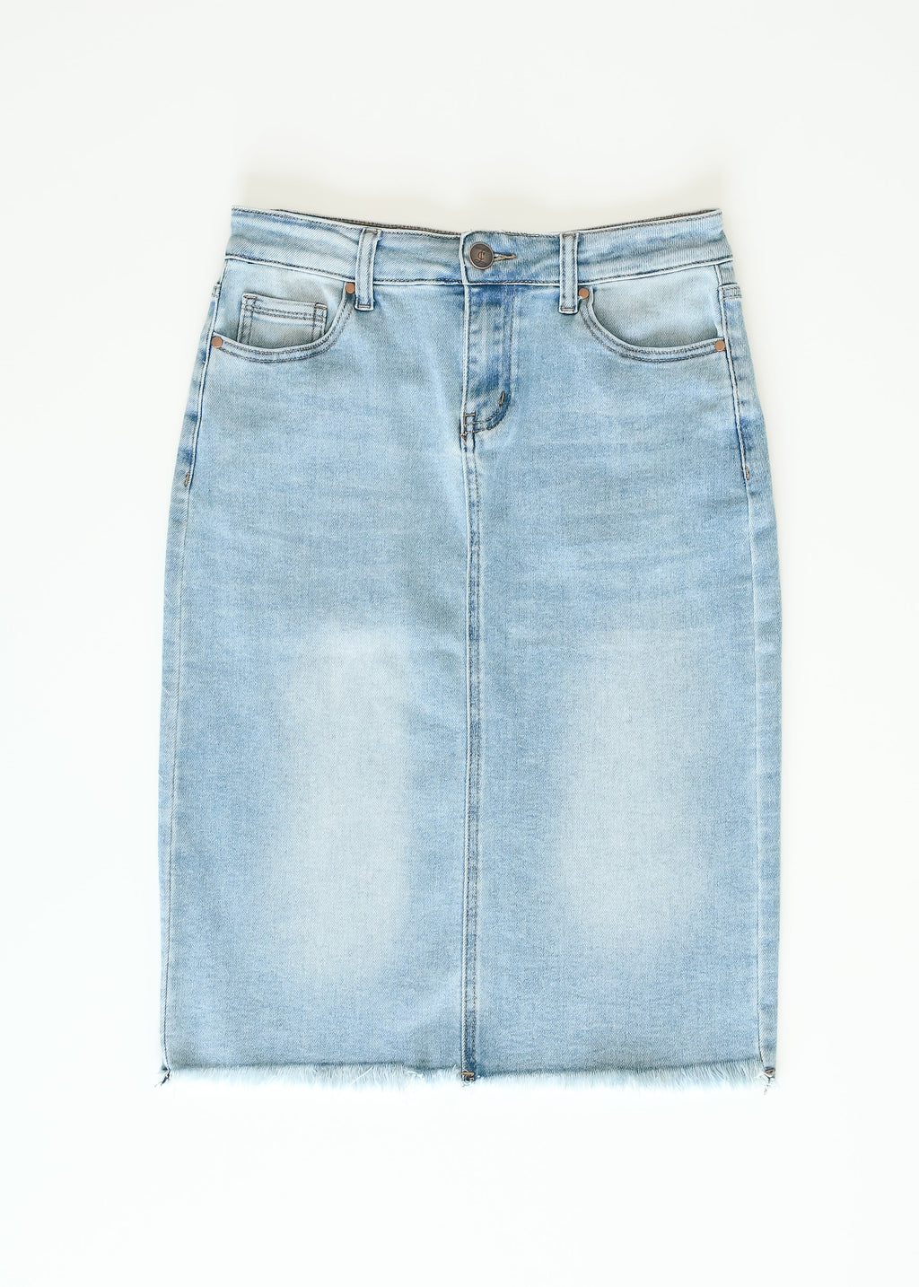 Drew Raw Hem Midi Denim Skirt